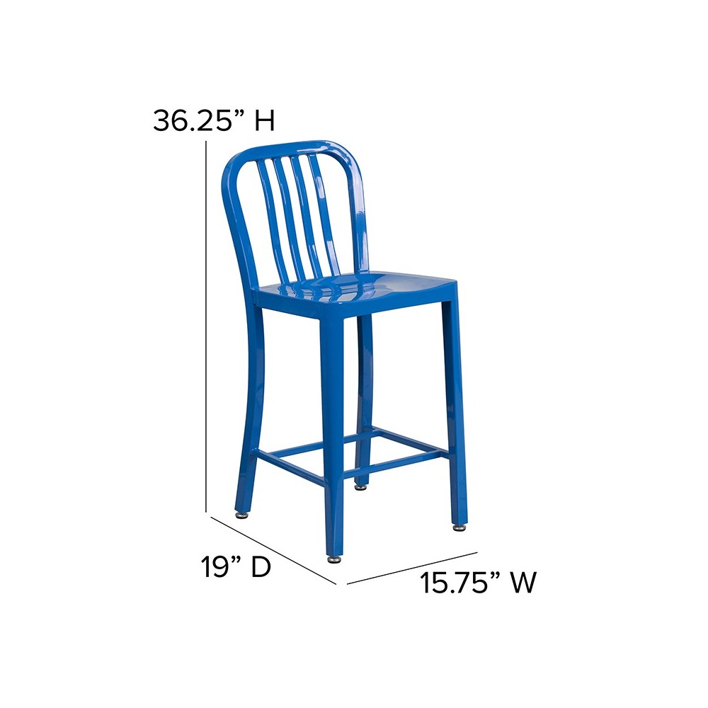 Commercial Grade 24" High Blue Metal Indoor-Outdoor Counter Height Stool with Vertical Slat Back