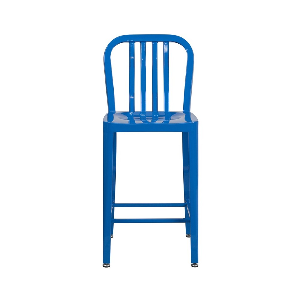 Commercial Grade 24" High Blue Metal Indoor-Outdoor Counter Height Stool with Vertical Slat Back