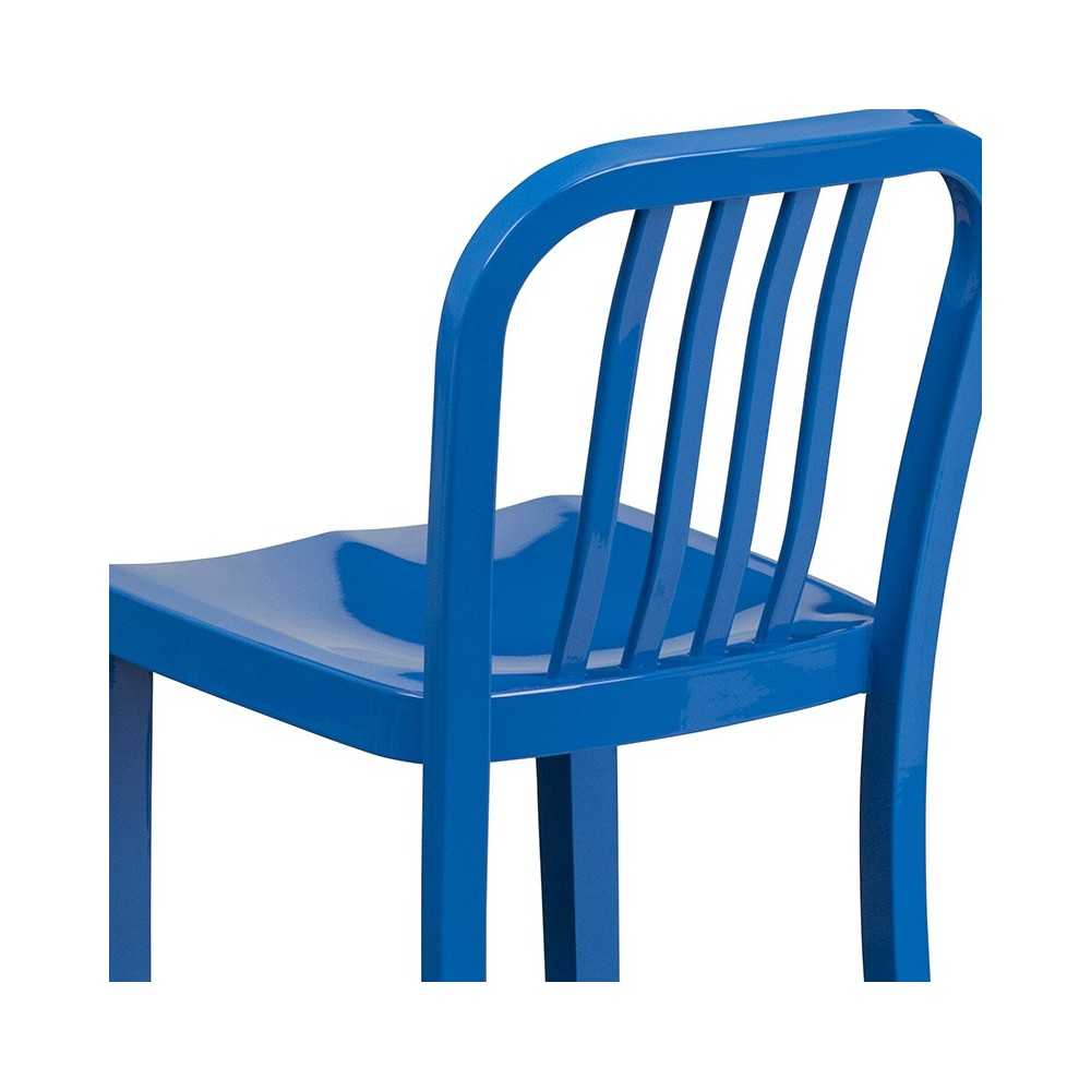Commercial Grade 24" High Blue Metal Indoor-Outdoor Counter Height Stool with Vertical Slat Back