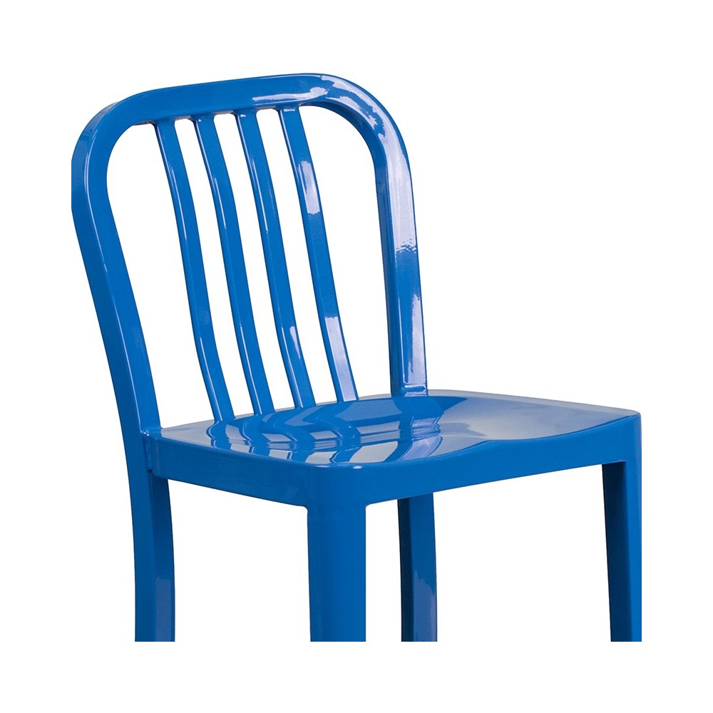 Commercial Grade 24" High Blue Metal Indoor-Outdoor Counter Height Stool with Vertical Slat Back