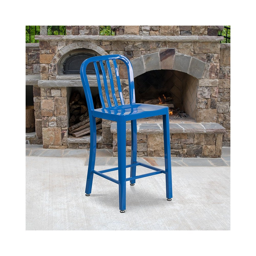 Commercial Grade 24" High Blue Metal Indoor-Outdoor Counter Height Stool with Vertical Slat Back