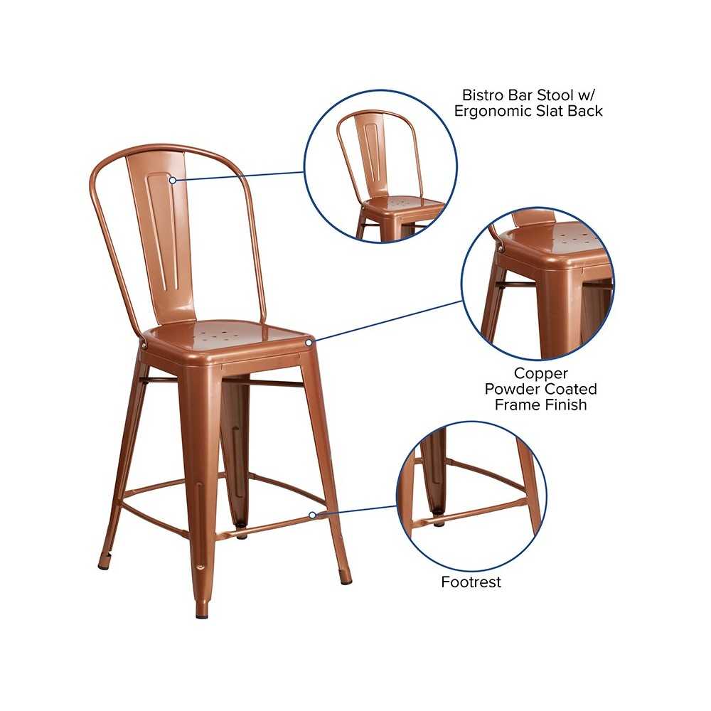 Commercial Grade 24" High Copper Metal Indoor-Outdoor Counter Height Stool with Back