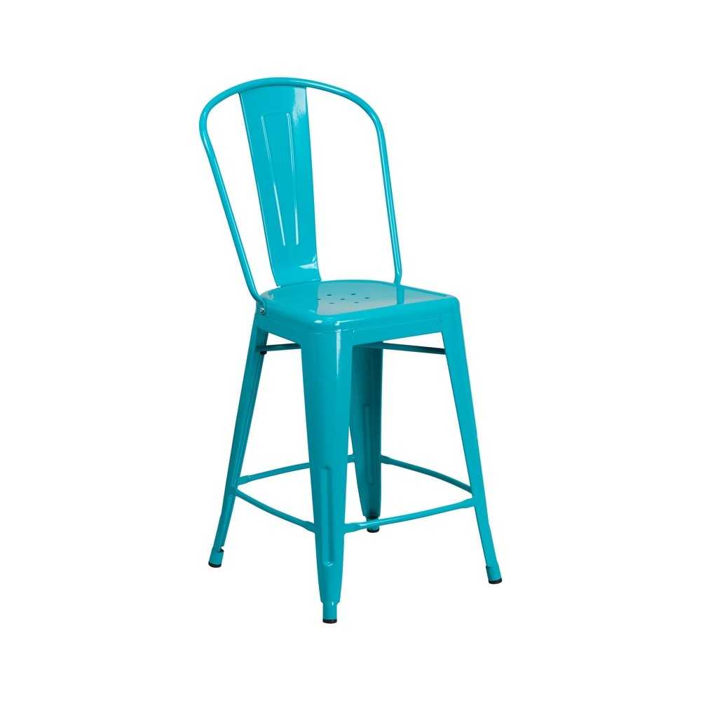 Commercial Grade 24" High Crystal Teal-Blue Metal Indoor-Outdoor Counter Height Stool with Back