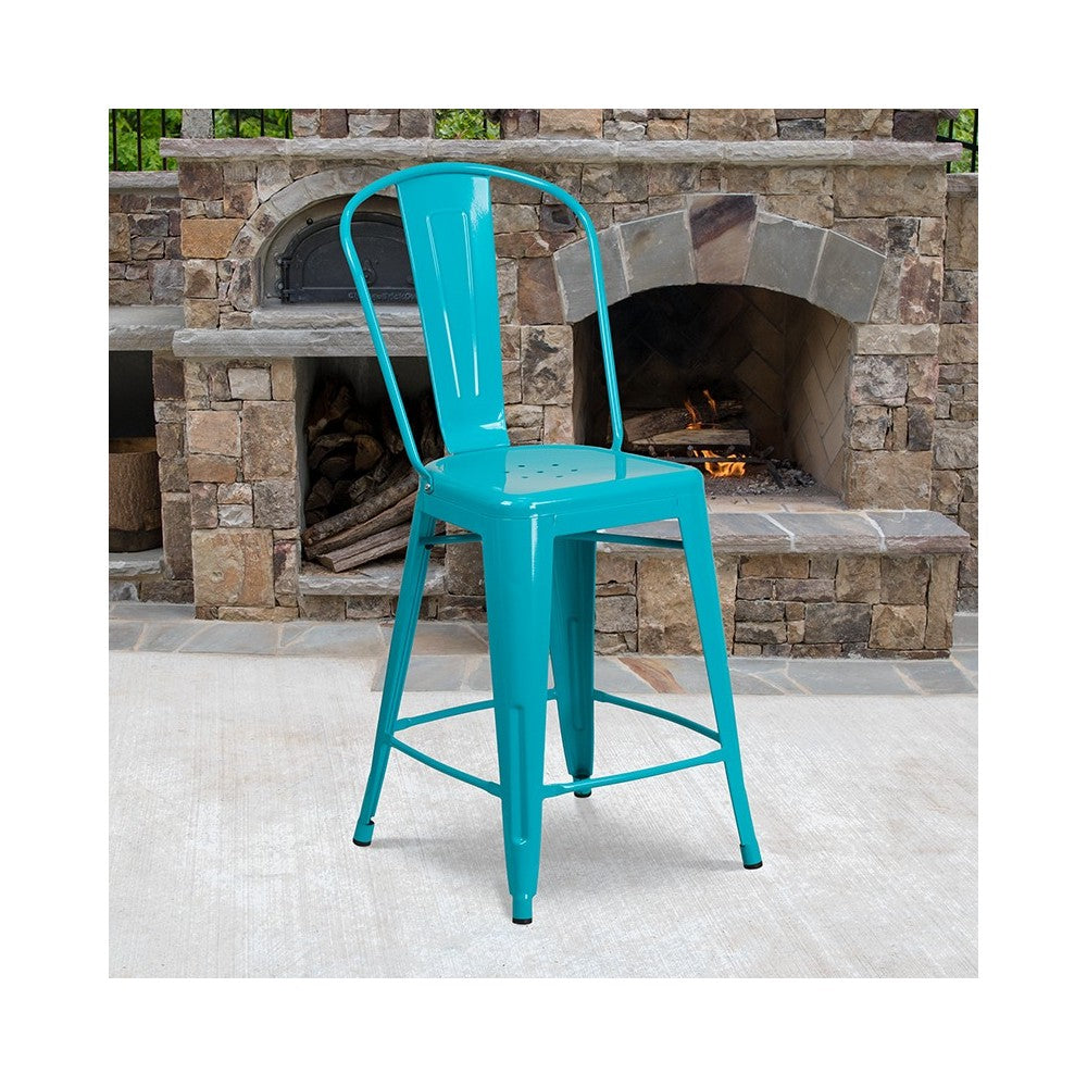 Commercial Grade 24" High Crystal Teal-Blue Metal Indoor-Outdoor Counter Height Stool with Back