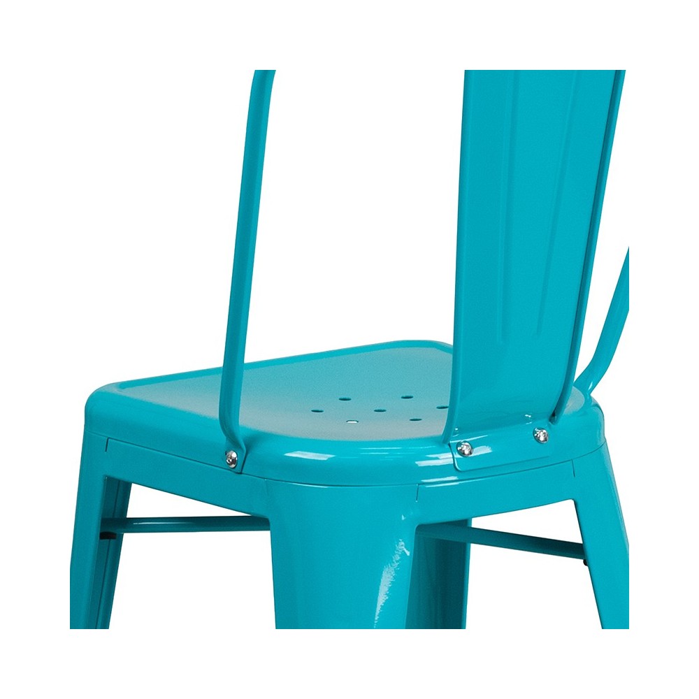 Commercial Grade 24" High Crystal Teal-Blue Metal Indoor-Outdoor Counter Height Stool with Back