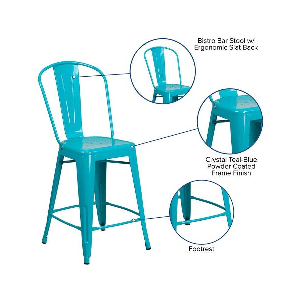 Commercial Grade 24" High Crystal Teal-Blue Metal Indoor-Outdoor Counter Height Stool with Back