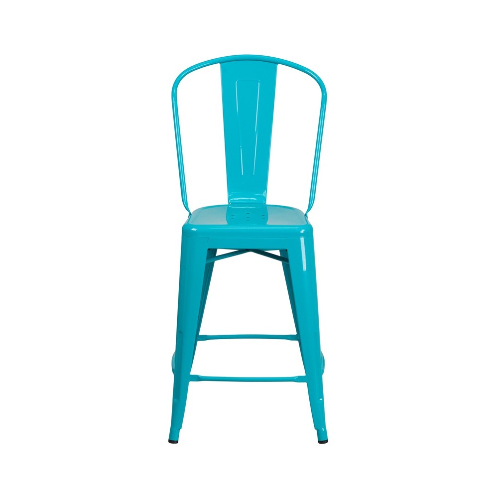 Commercial Grade 24" High Crystal Teal-Blue Metal Indoor-Outdoor Counter Height Stool with Back