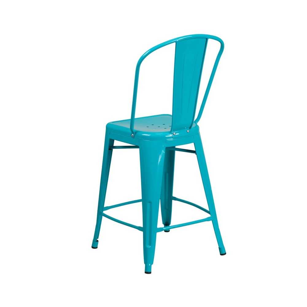 Commercial Grade 24" High Crystal Teal-Blue Metal Indoor-Outdoor Counter Height Stool with Back
