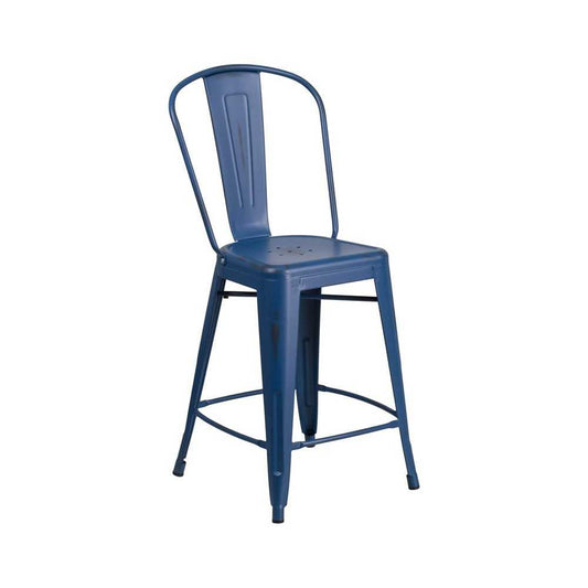 Commercial Grade 24" High Distressed Antique Blue Metal Indoor-Outdoor Counter Height Stool with Back