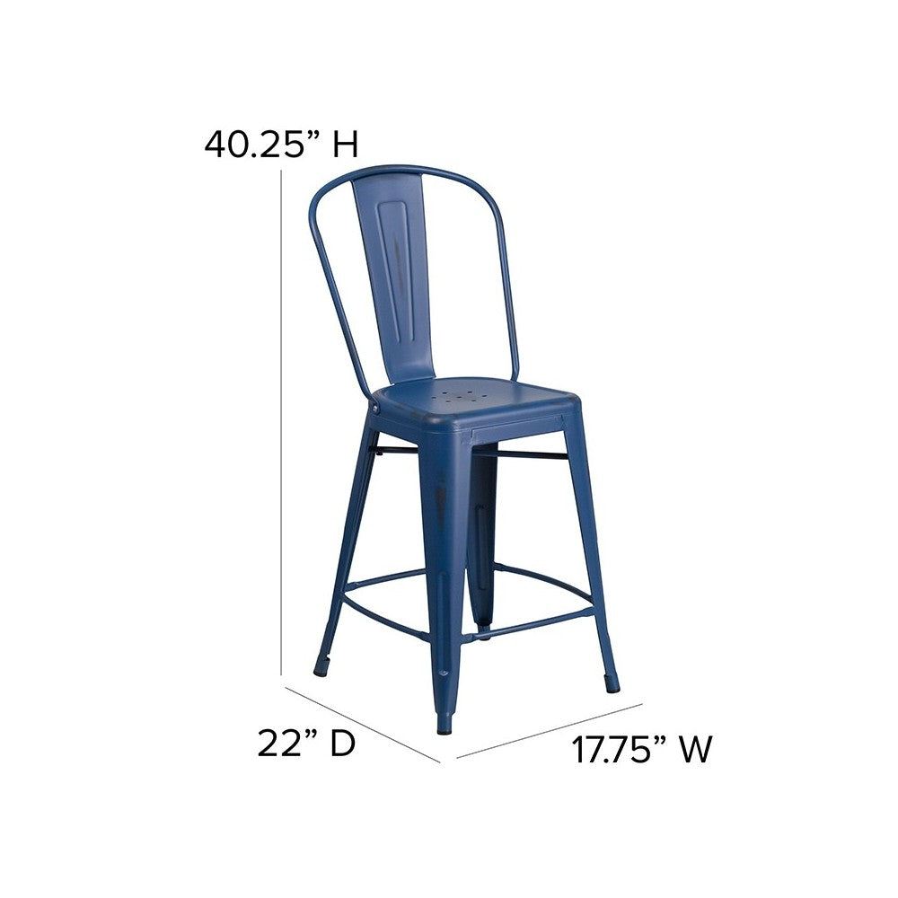 Commercial Grade 24" High Distressed Antique Blue Metal Indoor-Outdoor Counter Height Stool with Back