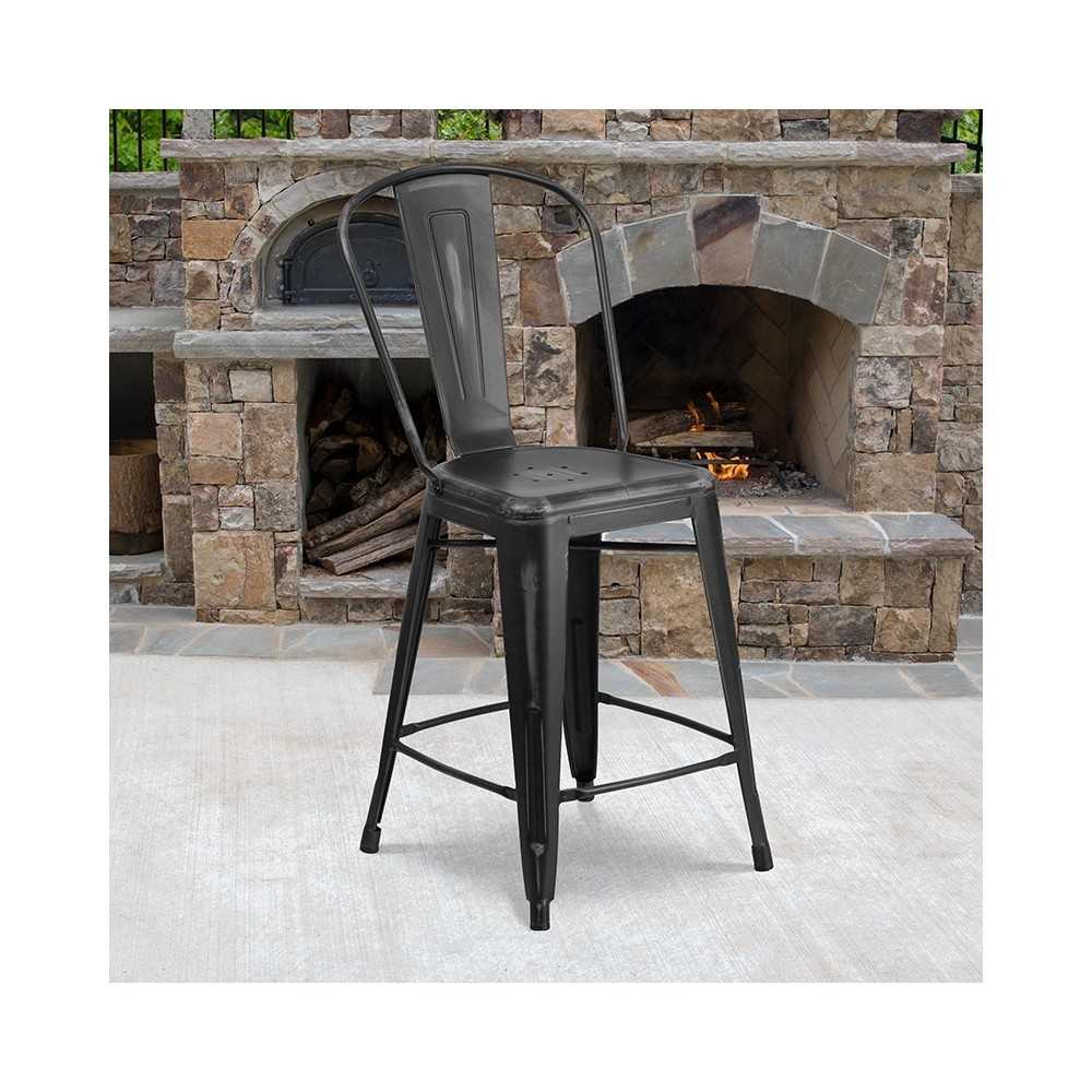 Commercial Grade 24" High Distressed Black Metal Indoor-Outdoor Counter Height Stool with Back