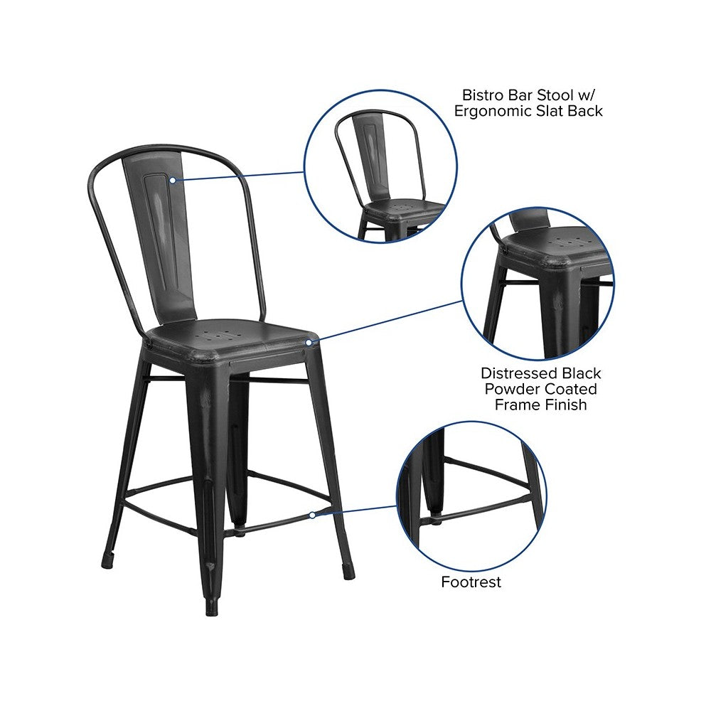 Commercial Grade 24" High Distressed Black Metal Indoor-Outdoor Counter Height Stool with Back