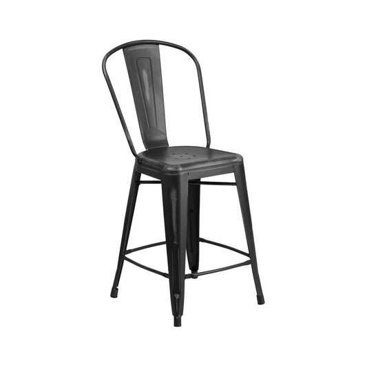 Commercial Grade 24" High Distressed Black Metal Indoor-Outdoor Counter Height Stool with Back