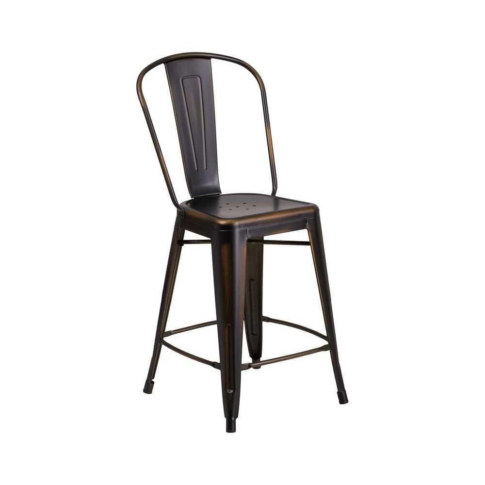 Commercial Grade 24" High Distressed Copper Metal Indoor-Outdoor Counter Height Stool with Back