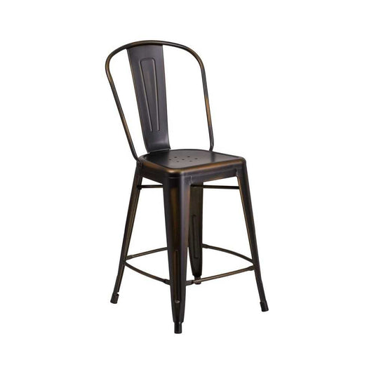 Commercial Grade 24" High Distressed Copper Metal Indoor-Outdoor Counter Height Stool with Back