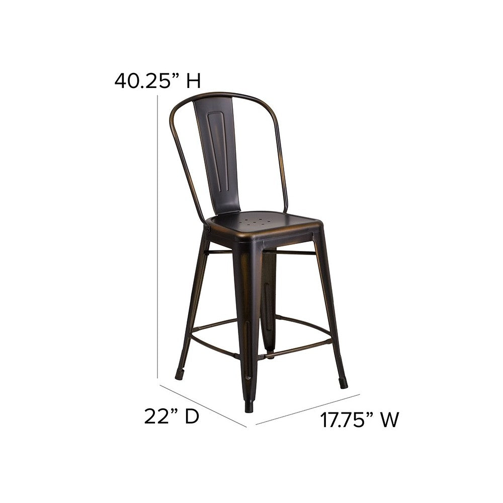 Commercial Grade 24" High Distressed Copper Metal Indoor-Outdoor Counter Height Stool with Back
