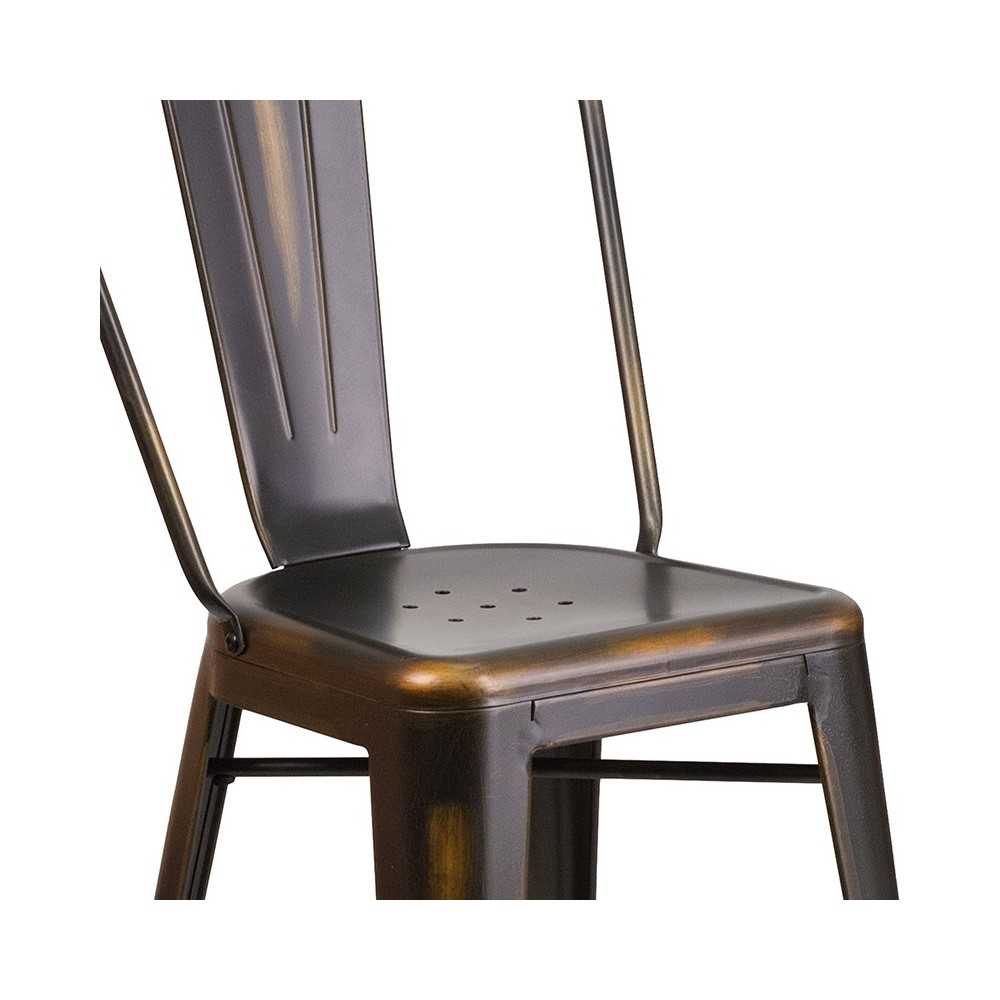 Commercial Grade 24" High Distressed Copper Metal Indoor-Outdoor Counter Height Stool with Back
