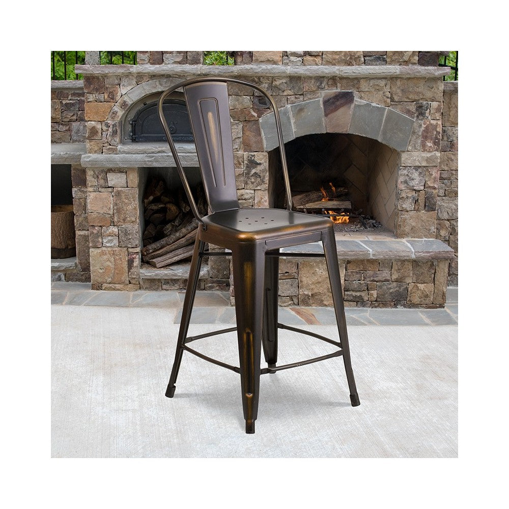 Commercial Grade 24" High Distressed Copper Metal Indoor-Outdoor Counter Height Stool with Back