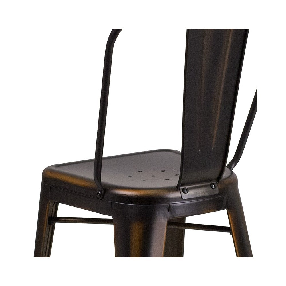 Commercial Grade 24" High Distressed Copper Metal Indoor-Outdoor Counter Height Stool with Back