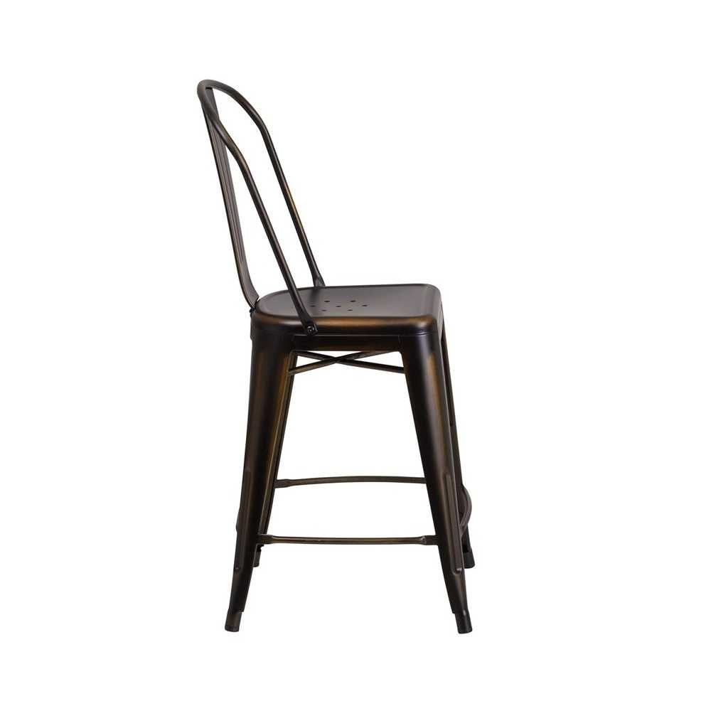 Commercial Grade 24" High Distressed Copper Metal Indoor-Outdoor Counter Height Stool with Back