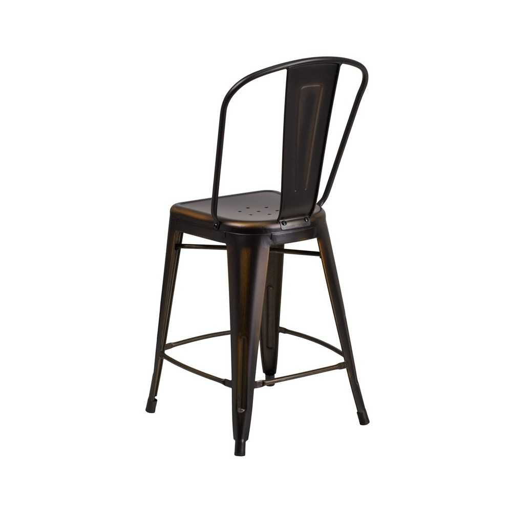 Commercial Grade 24" High Distressed Copper Metal Indoor-Outdoor Counter Height Stool with Back