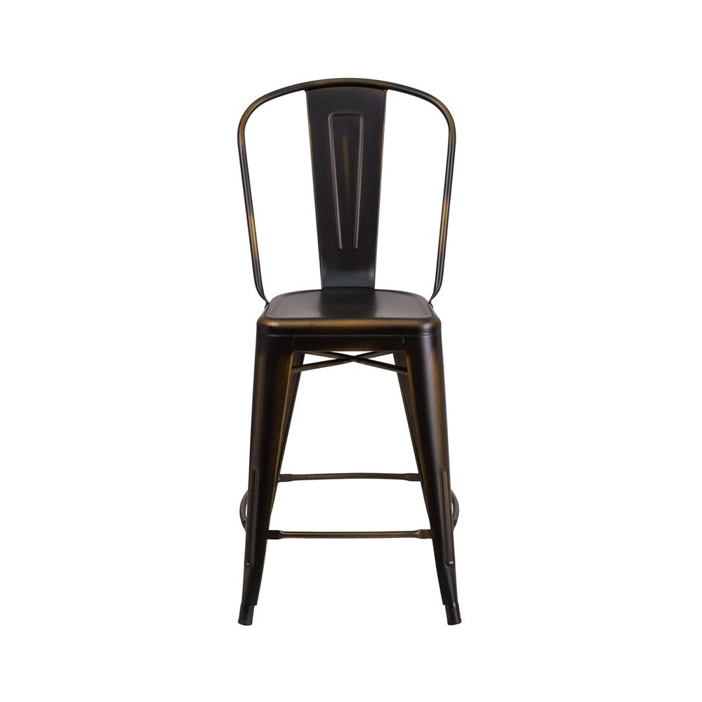 Commercial Grade 24" High Distressed Copper Metal Indoor-Outdoor Counter Height Stool with Back