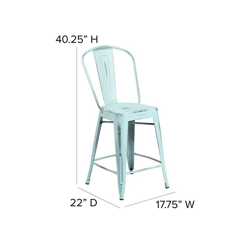 Commercial Grade 24" High Distressed Green-Blue Metal Indoor-Outdoor Counter Height Stool with Back
