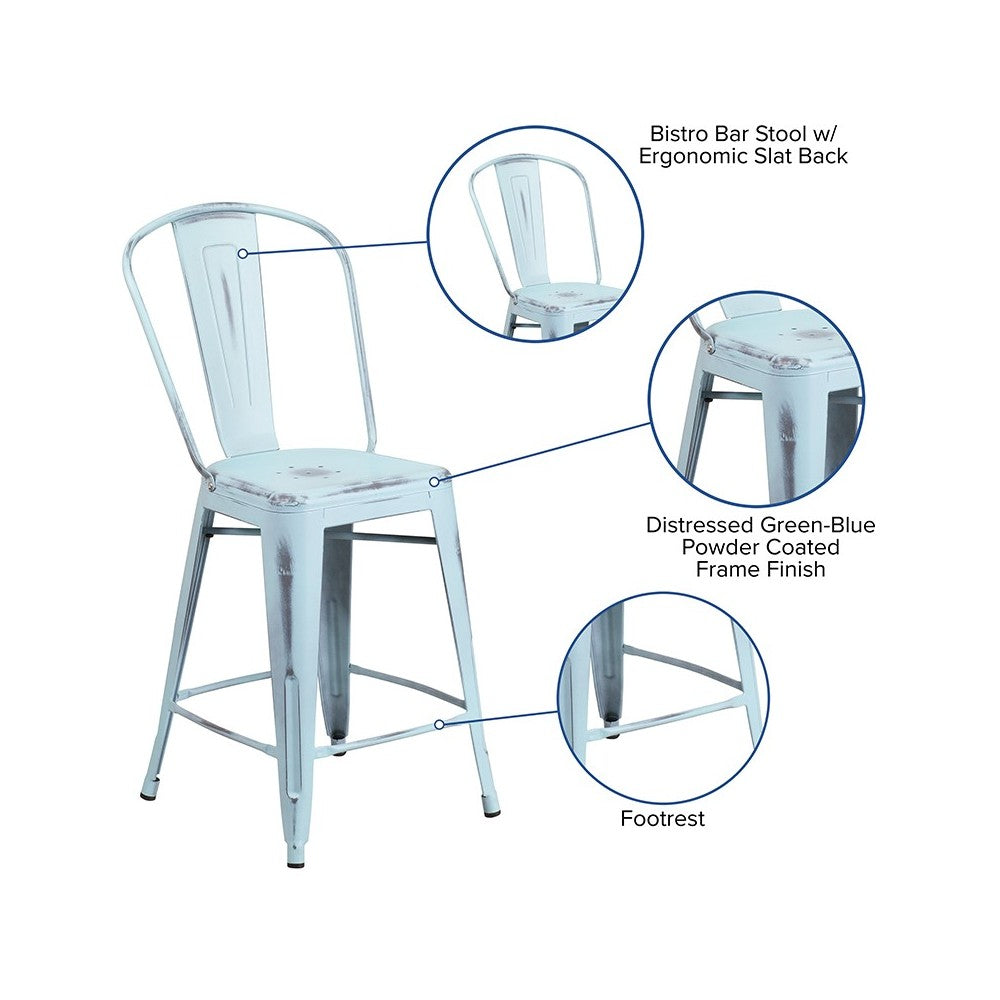 Commercial Grade 24" High Distressed Green-Blue Metal Indoor-Outdoor Counter Height Stool with Back