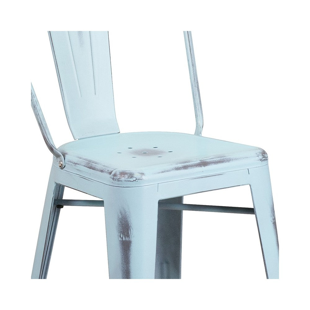 Commercial Grade 24" High Distressed Green-Blue Metal Indoor-Outdoor Counter Height Stool with Back