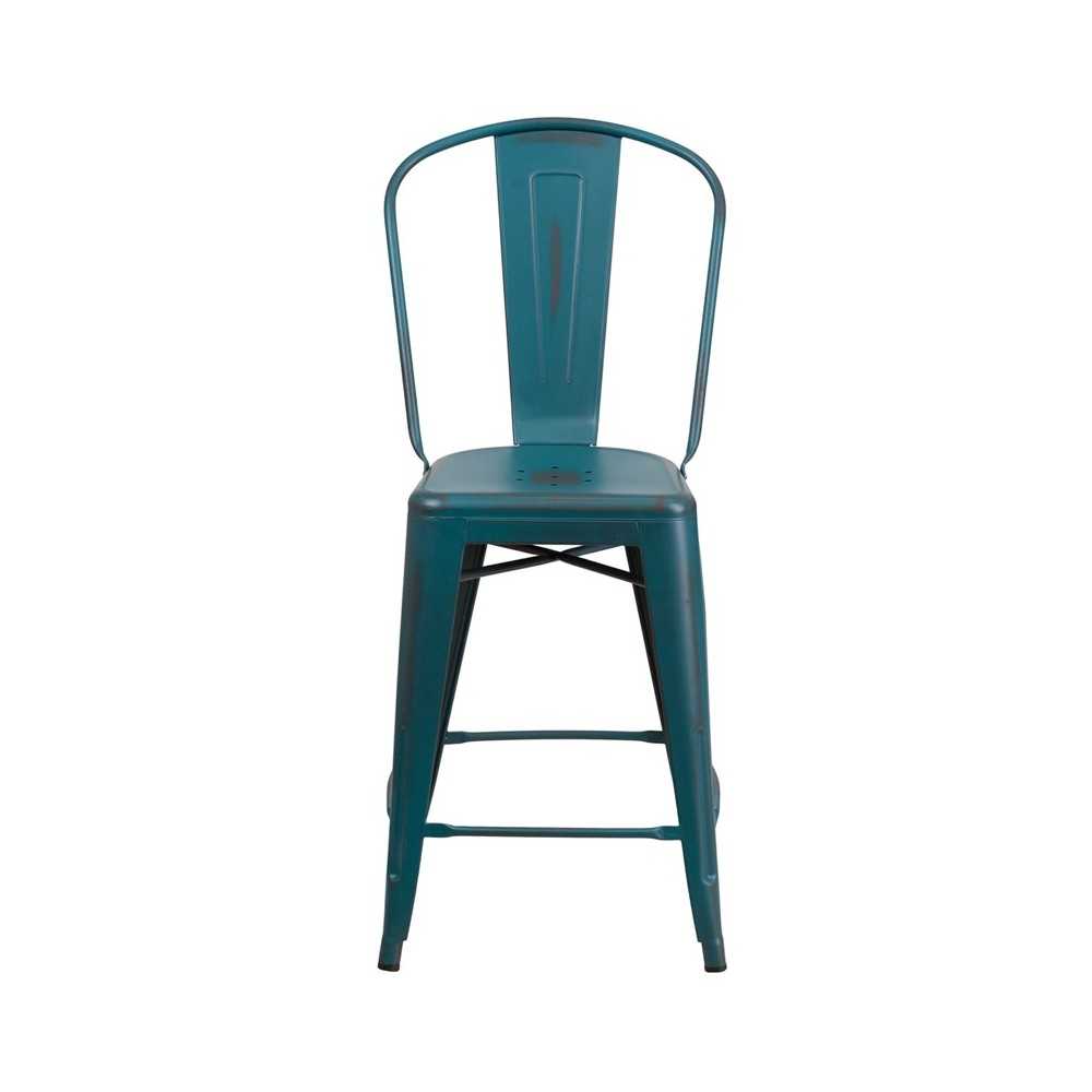 Commercial Grade 24" High Distressed Kelly Blue-Teal Metal Indoor-Outdoor Counter Height Stool with Back