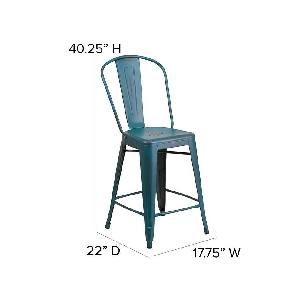 Commercial Grade 24" High Distressed Kelly Blue-Teal Metal Indoor-Outdoor Counter Height Stool with Back