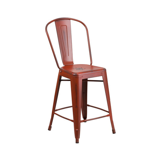 Commercial Grade 24" High Distressed Kelly Red Metal Indoor-Outdoor Counter Height Stool with Back