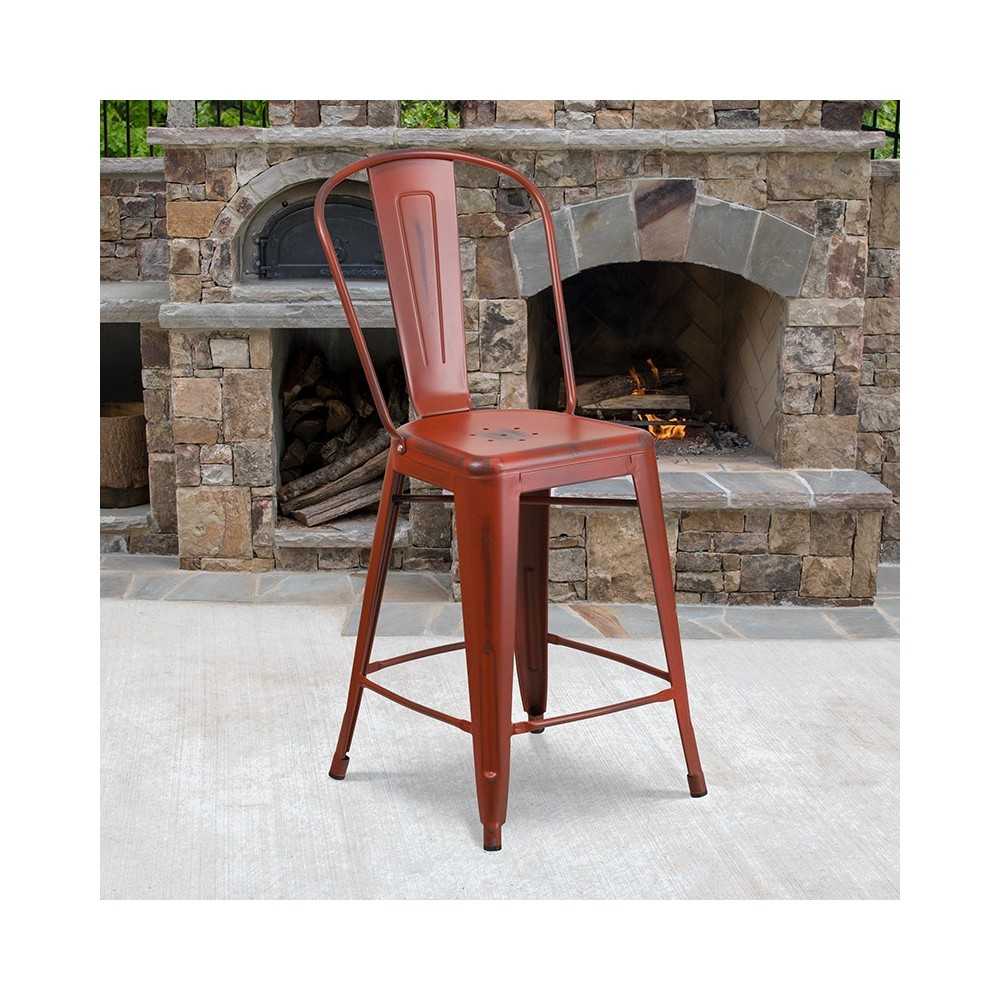 Commercial Grade 24" High Distressed Kelly Red Metal Indoor-Outdoor Counter Height Stool with Back