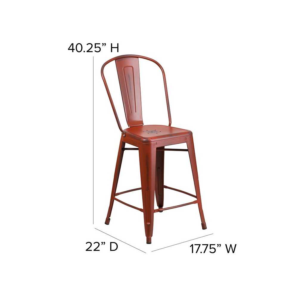 Commercial Grade 24" High Distressed Kelly Red Metal Indoor-Outdoor Counter Height Stool with Back