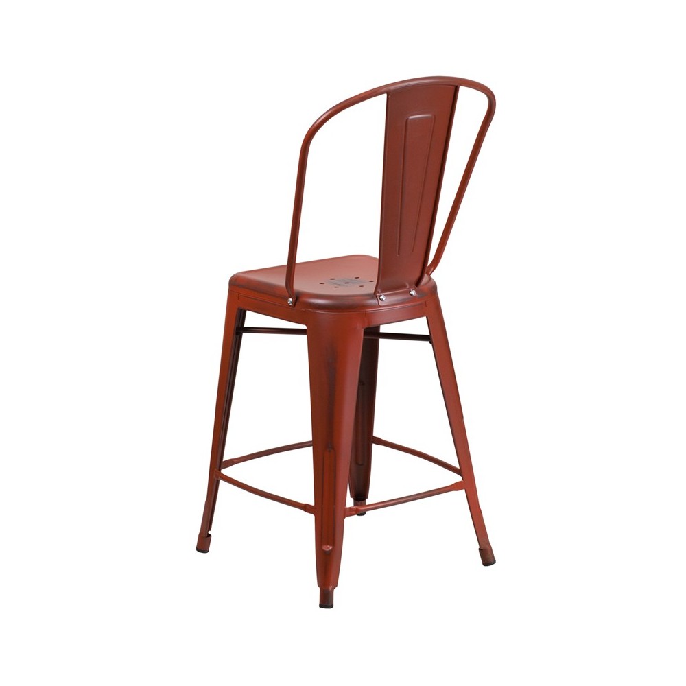 Commercial Grade 24" High Distressed Kelly Red Metal Indoor-Outdoor Counter Height Stool with Back