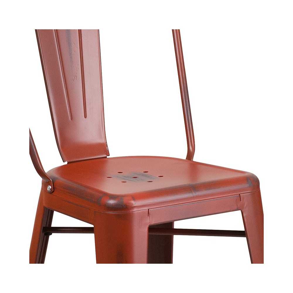Commercial Grade 24" High Distressed Kelly Red Metal Indoor-Outdoor Counter Height Stool with Back