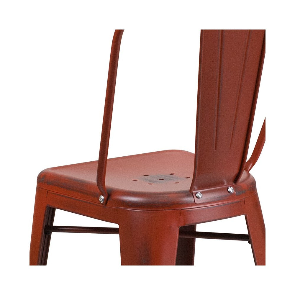 Commercial Grade 24" High Distressed Kelly Red Metal Indoor-Outdoor Counter Height Stool with Back