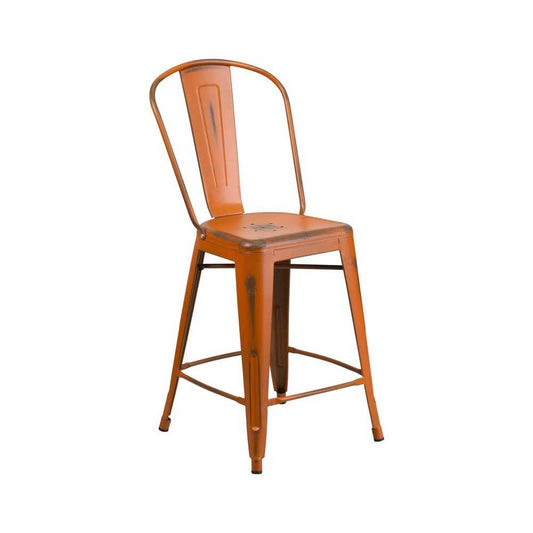 Commercial Grade 24" High Distressed Orange Metal Indoor-Outdoor Counter Height Stool with Back