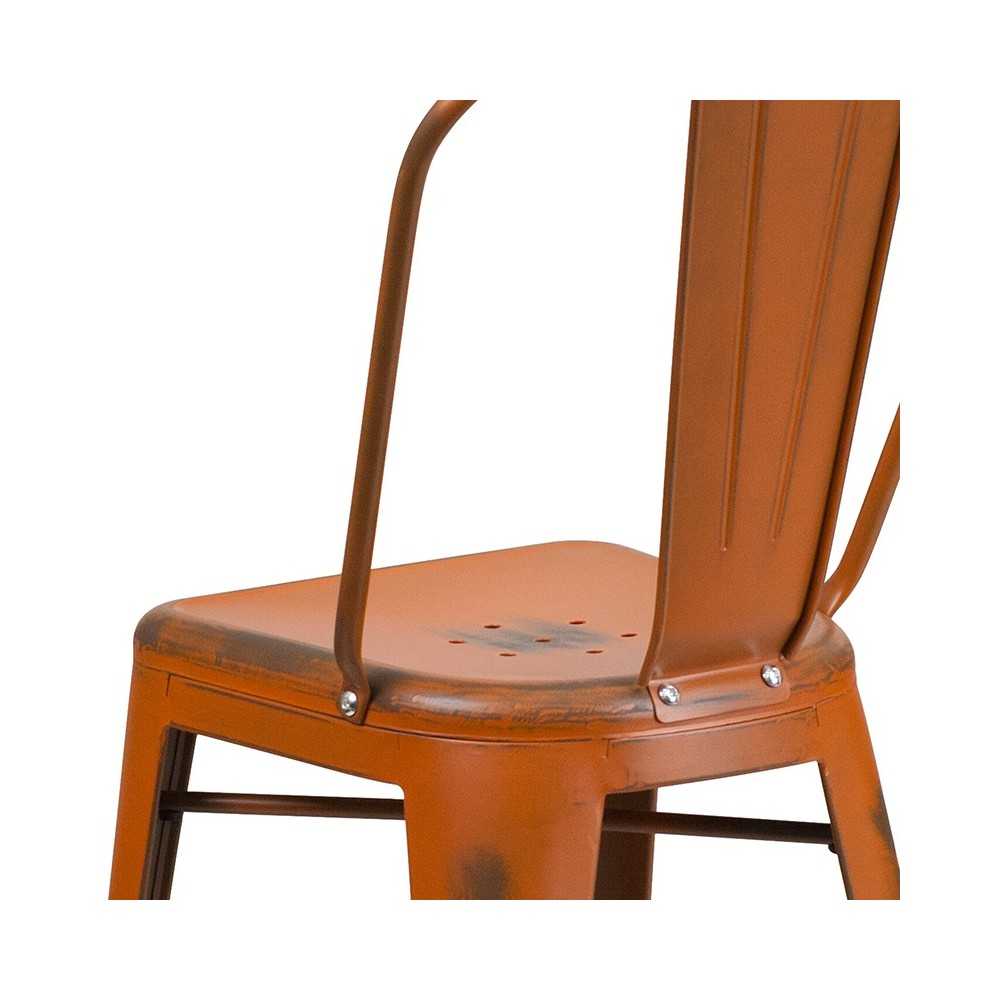 Commercial Grade 24" High Distressed Orange Metal Indoor-Outdoor Counter Height Stool with Back
