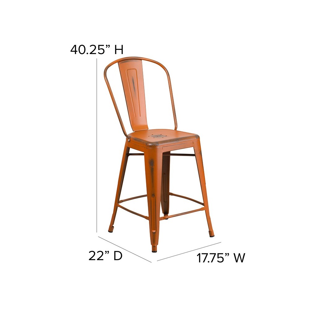 Commercial Grade 24" High Distressed Orange Metal Indoor-Outdoor Counter Height Stool with Back