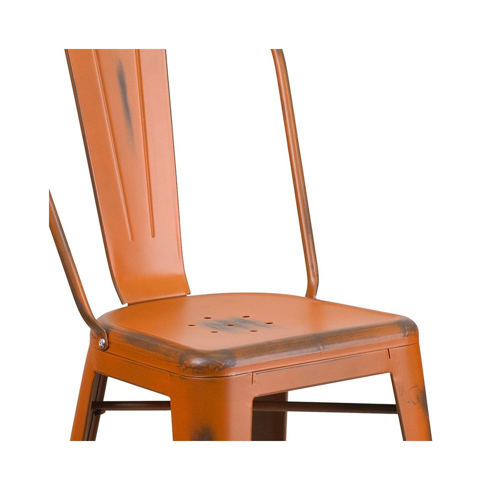 Commercial Grade 24" High Distressed Orange Metal Indoor-Outdoor Counter Height Stool with Back
