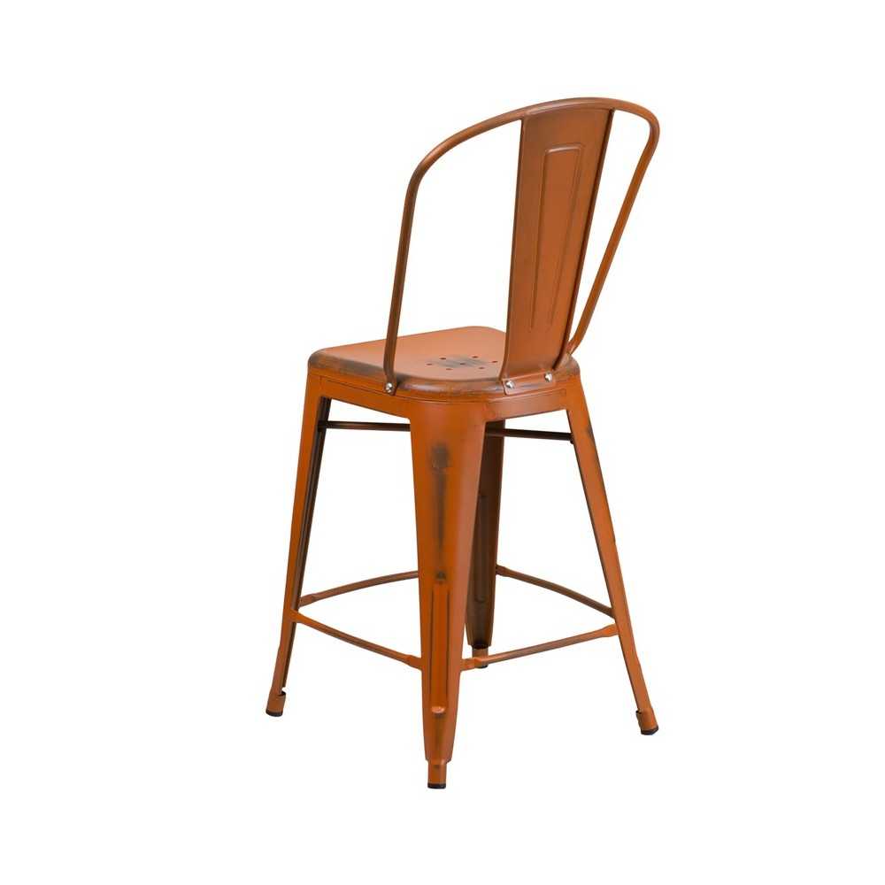 Commercial Grade 24" High Distressed Orange Metal Indoor-Outdoor Counter Height Stool with Back
