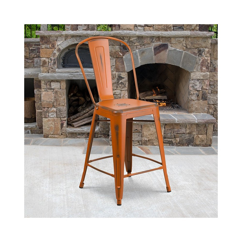 Commercial Grade 24" High Distressed Orange Metal Indoor-Outdoor Counter Height Stool with Back