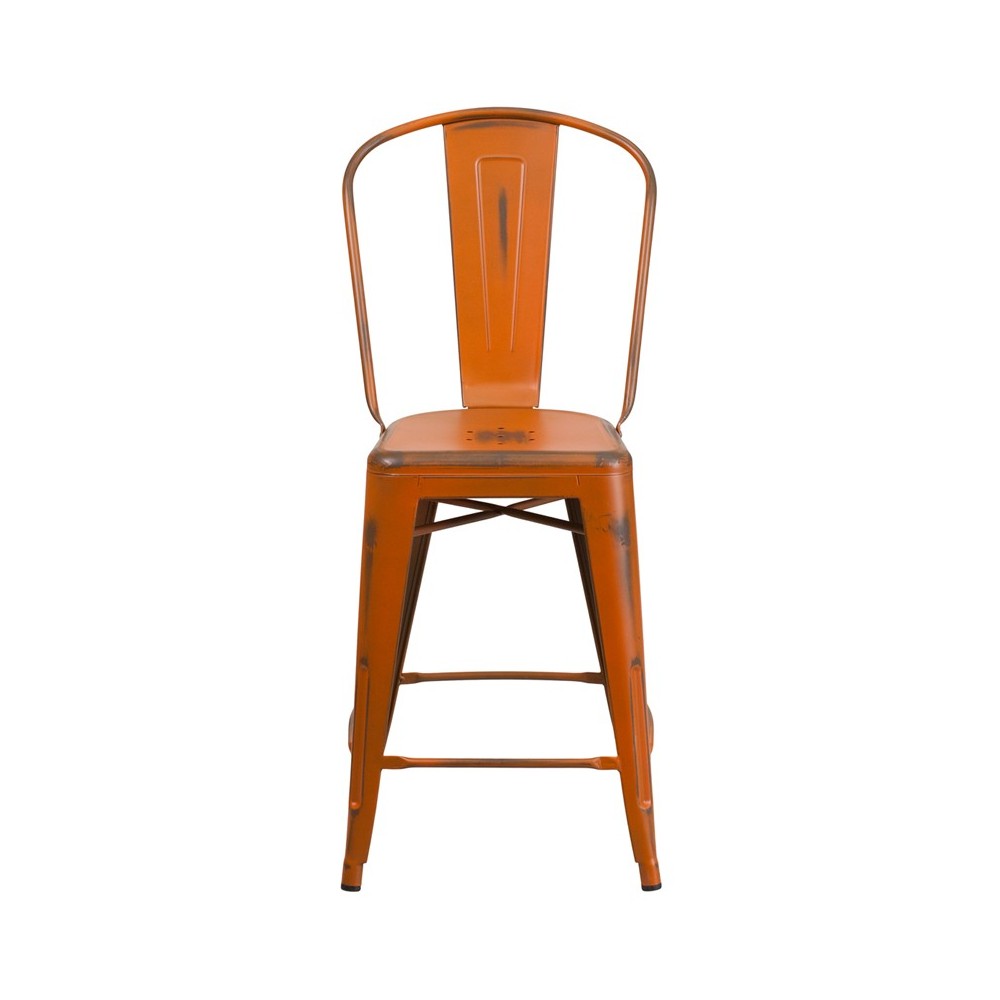 Commercial Grade 24" High Distressed Orange Metal Indoor-Outdoor Counter Height Stool with Back