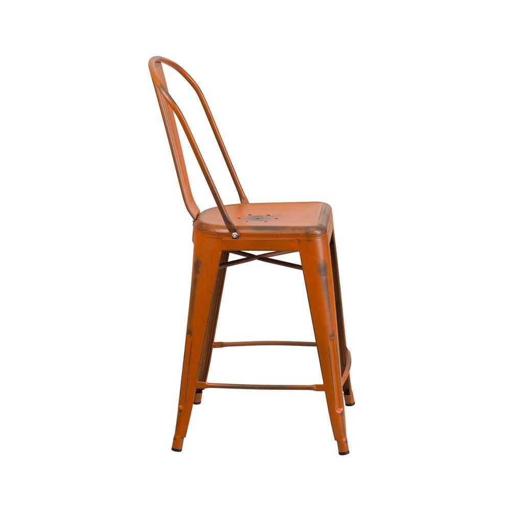 Commercial Grade 24" High Distressed Orange Metal Indoor-Outdoor Counter Height Stool with Back
