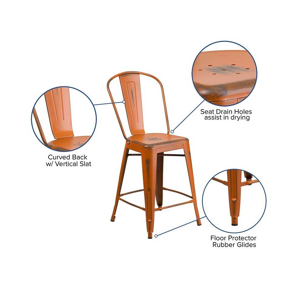 Commercial Grade 24" High Distressed Orange Metal Indoor-Outdoor Counter Height Stool with Back
