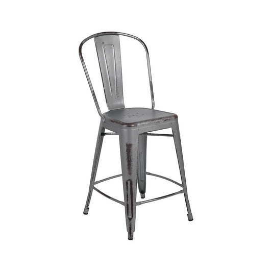Commercial Grade 24" High Distressed Silver Gray Metal Indoor-Outdoor Counter Height Stool with Back
