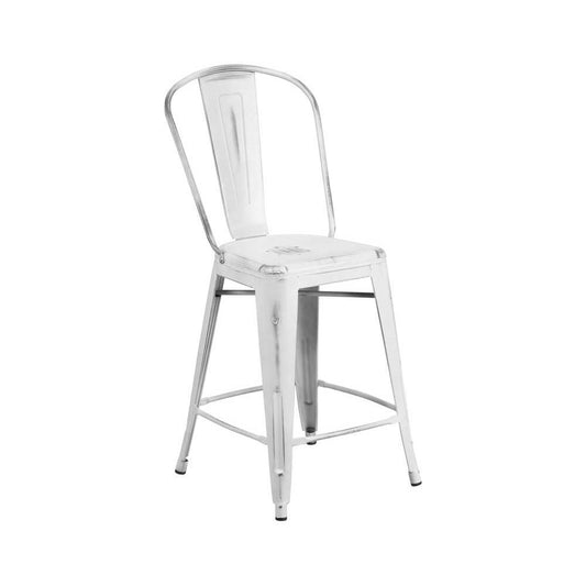 Commercial Grade 24" High Distressed White Metal Indoor-Outdoor Counter Height Stool with Back