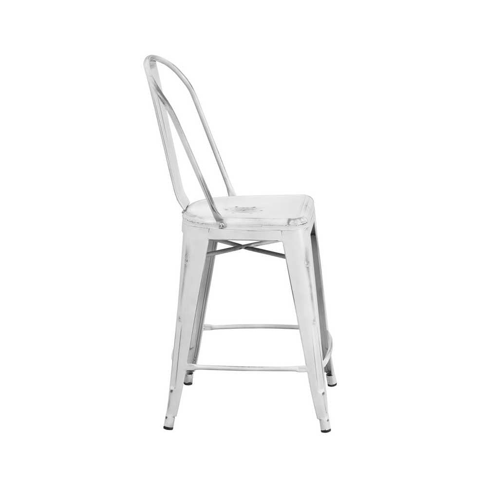 Commercial Grade 24" High Distressed White Metal Indoor-Outdoor Counter Height Stool with Back