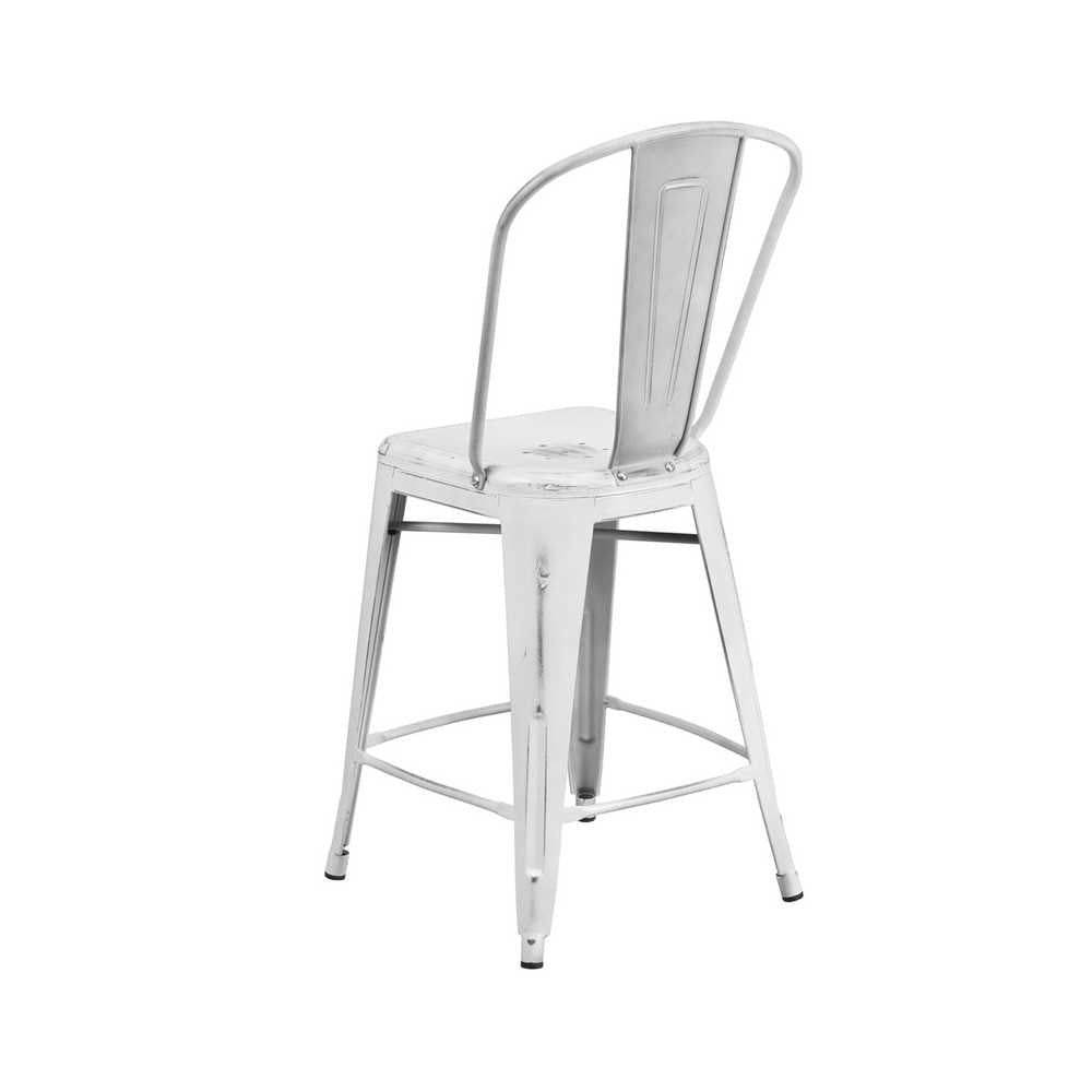 Commercial Grade 24" High Distressed White Metal Indoor-Outdoor Counter Height Stool with Back